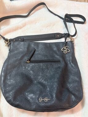 Jessica Simpson Black Floral-Embossed Shoulder Bag with Gold Accents